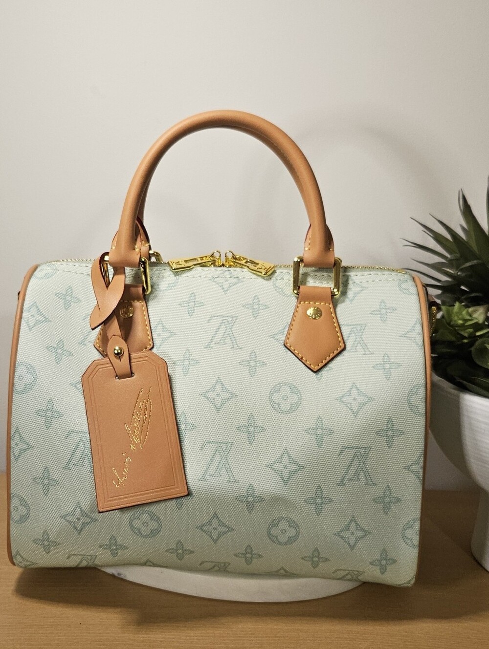 Designer Inspired Luxury Monogram Canvas Satchel in Light Mint with Tan Leather